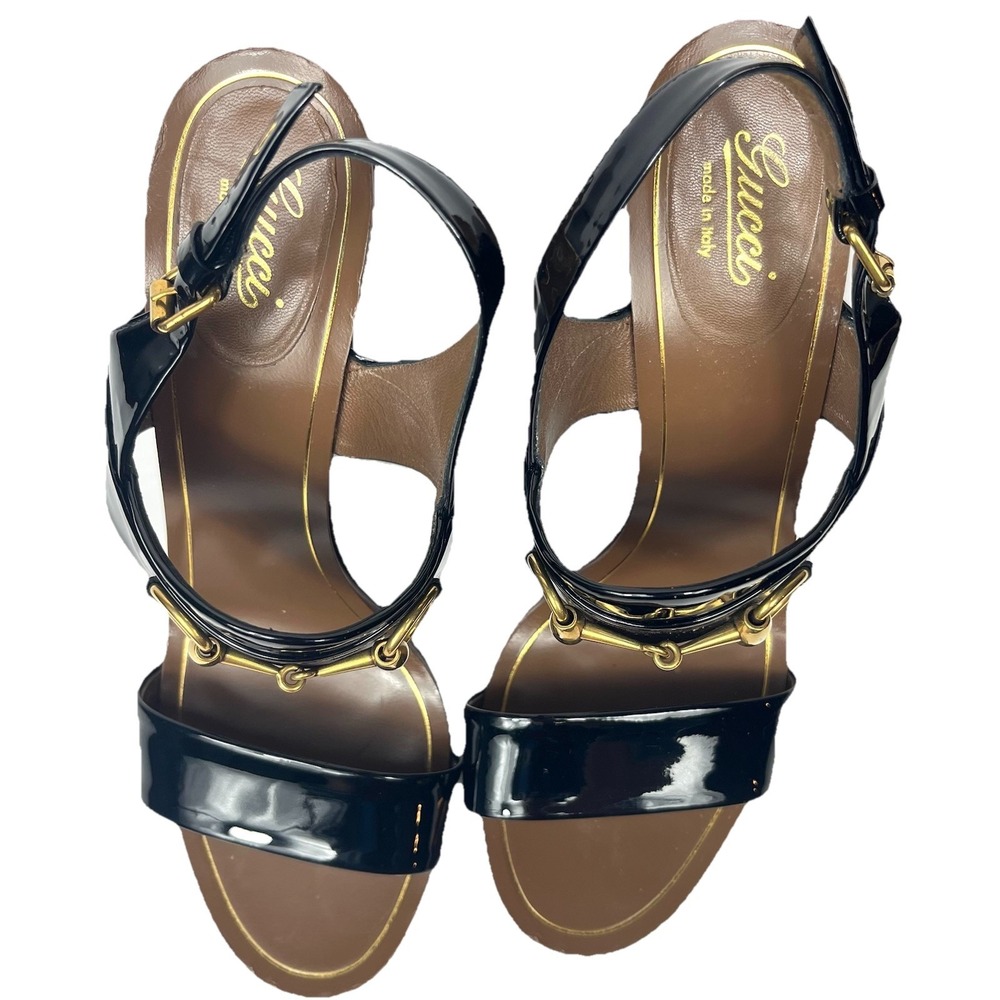 Gucci Patent Leather Horsebit Heel Sandals Black Size 40.5 US 10.5 Luxury Chic - Picture 4 of 13